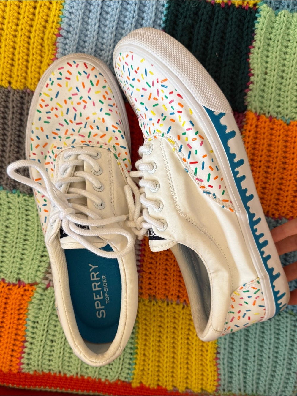 Sperry White Canvas Sneakers with Multicolor Sprinkle Print and Blue Trim